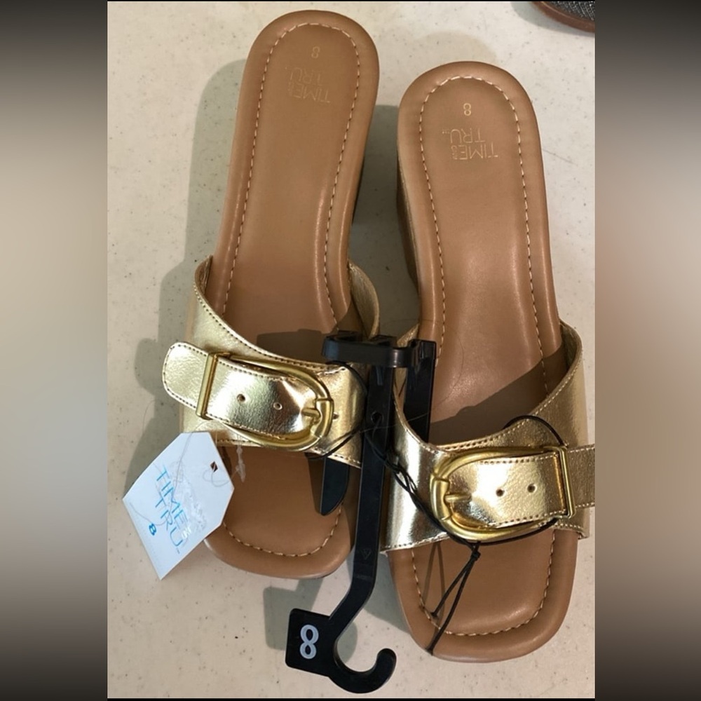 Time and Tru Metallic Gold Buckle Sandals